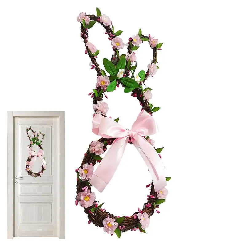 

Венок из ротанга в виде кролика, 18 дюймов, пасхальные украшения, венок в виде кролика с бантом, праздничные пасхальные цветочные венки для входной двери, весна