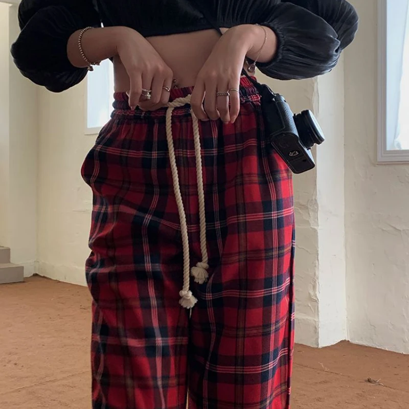 S-4XL Casual Red Plaid Pants Women Autumn Winter Fashion Elegant Student Korean Style Harajuku Hip Pop Streetwear Chic Vintage