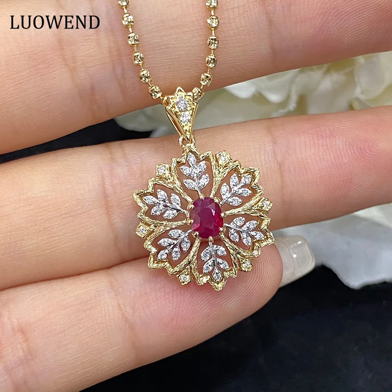 LUOWEND 18K White and Yellow Gold Necklace Real Natural Ruby Pendant Romantic Snowflake Shape Diamond Jewelry for Women Wedding