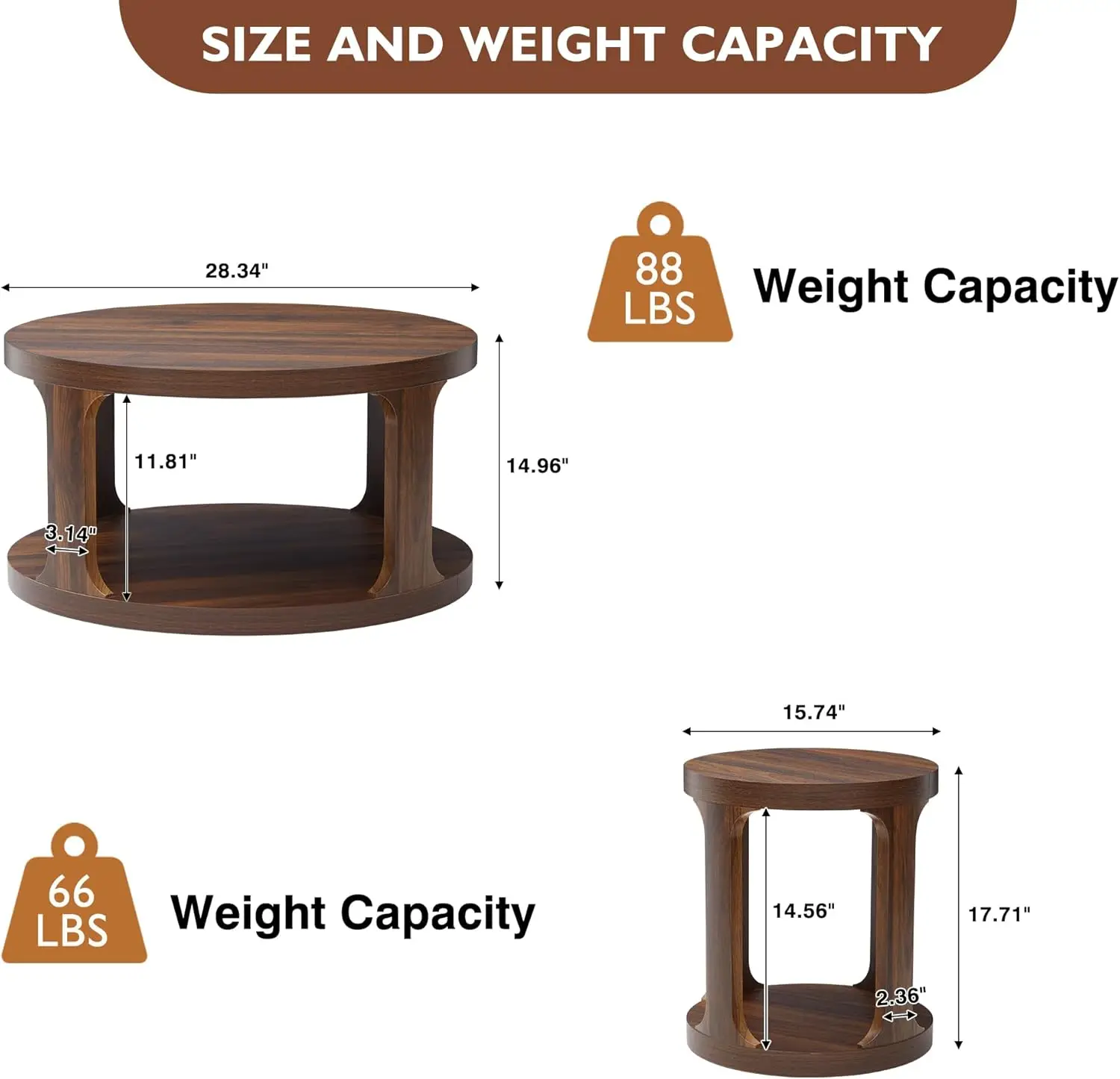 Coffee Table and End Table Set of 2, Round Coffee with 2-Tier Storage, Accent Side for Living Room (Walnut-1)