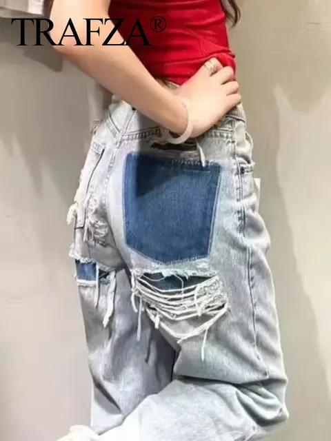 TRAFZA jean pour femmes 2024 Denim solide ample fermeture éclair mouche femme trou pantalon poches sauvage basique trajet femme jambe large pantalon Long 4