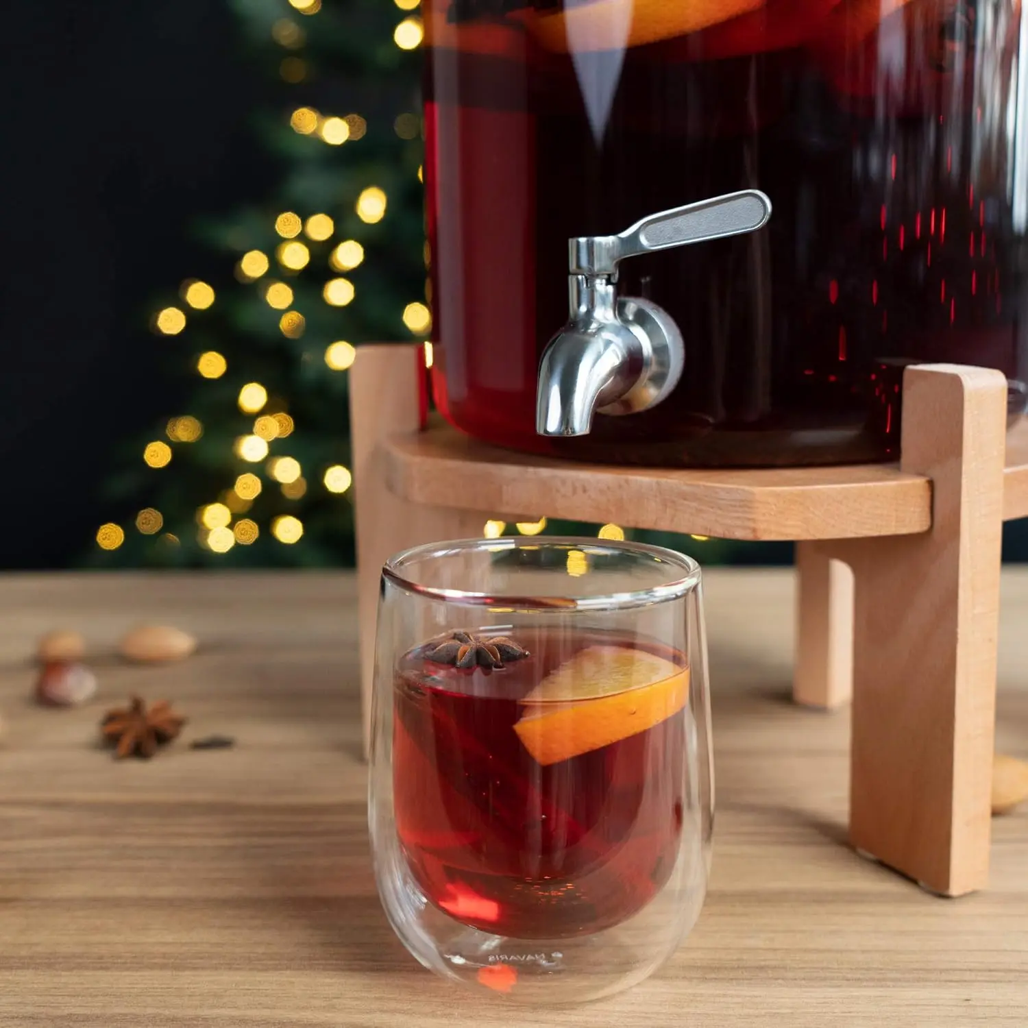 Beverage Dispenser with Stand - 1.8 Gallon (7L) Glass Drink Dispenser with Spigot, Lid, Beech Wood Stand for Hot or Cold 5