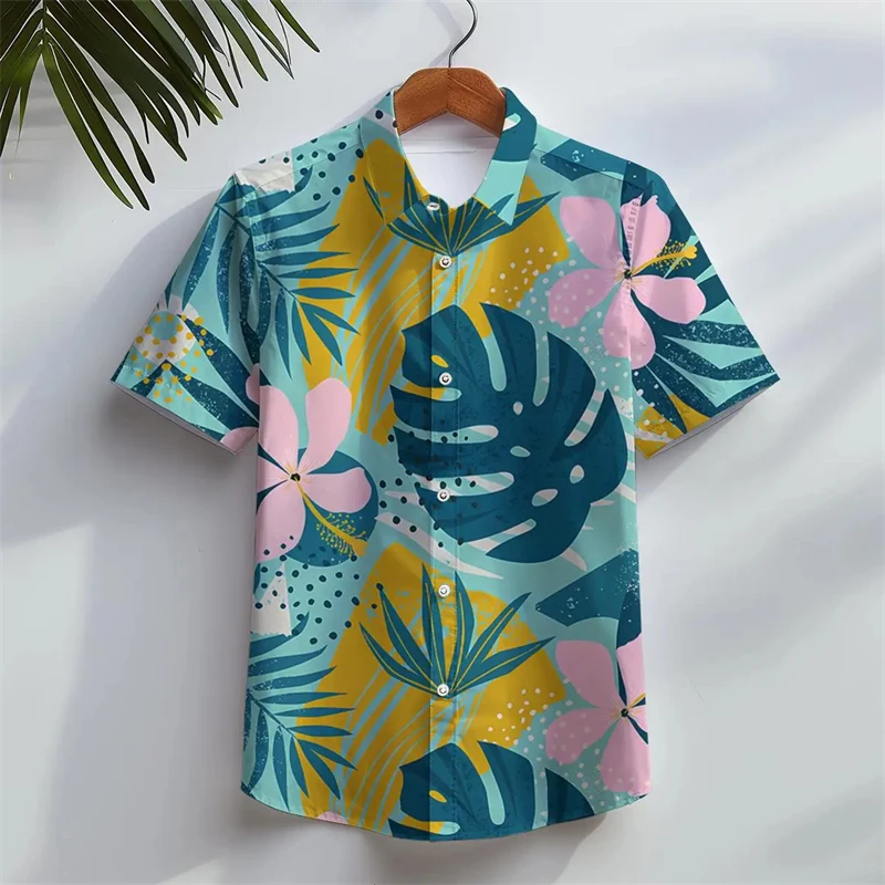thumbnail image 1 of Camisa hawaiana de manga corta para hombre, informal, para playa, con botones, estampado floral en 3D de hojas tropicales, para vacaciones de verano, con solapa, 1 of 5