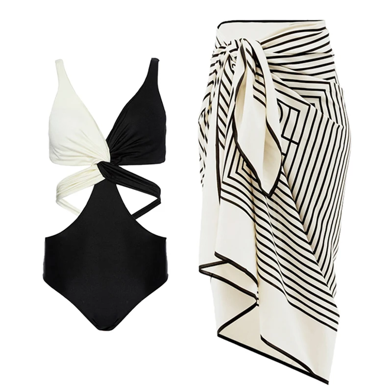 WomensOnePieceSwimsuitCoverUpDeepVColorblockSwimwearSexy