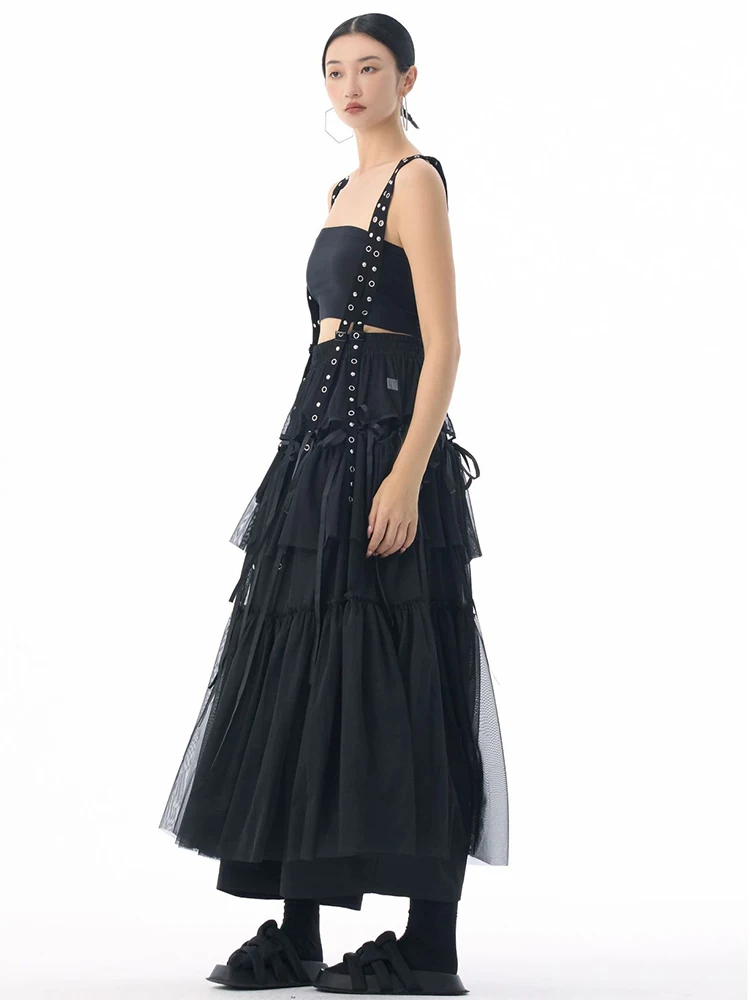 [EAM] High Elastic Waist Coffee Mesh Perspective Ribbon Strap Half-body Skirt Women Fashion Tide New Spring Autumn 2026 1DJ5044