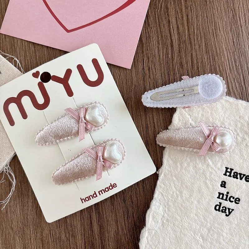 Korean Version of Pink Velvet Sweet Pearl Bow Children's Water Drop Bb Clip Side Bangs Versatile Girls Hairpin