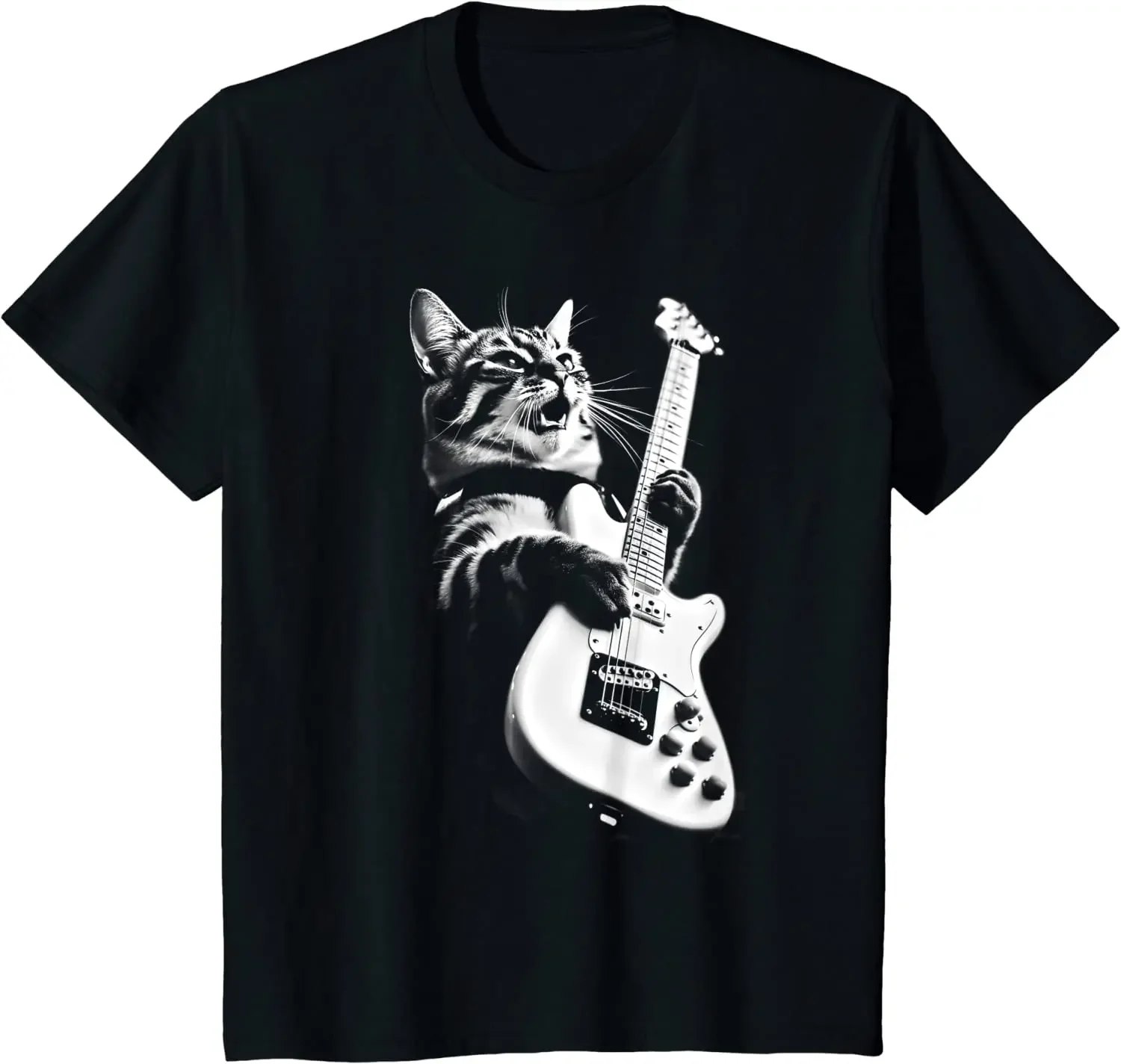 Rock Cat Playing Guitar Funny Guitar Cat Men T-Shirt Hiphop T-Shirt Oversize Casual Cotton Daily Four Seasons Streetwear Tees
