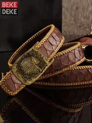 Men Real Snakeskin Belt Handmade Weave Python Leather Copper Buckle Strap For Pants Vintage New Genuine Leather Girdle Ceinture