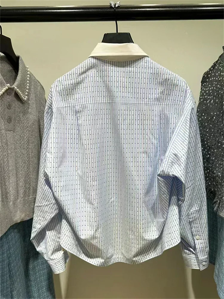 

Женская рубашка контрастных цветов с отложным воротником, однобортная, новинка 2024, Весенняя Повседневная Свободная полосатая блузка