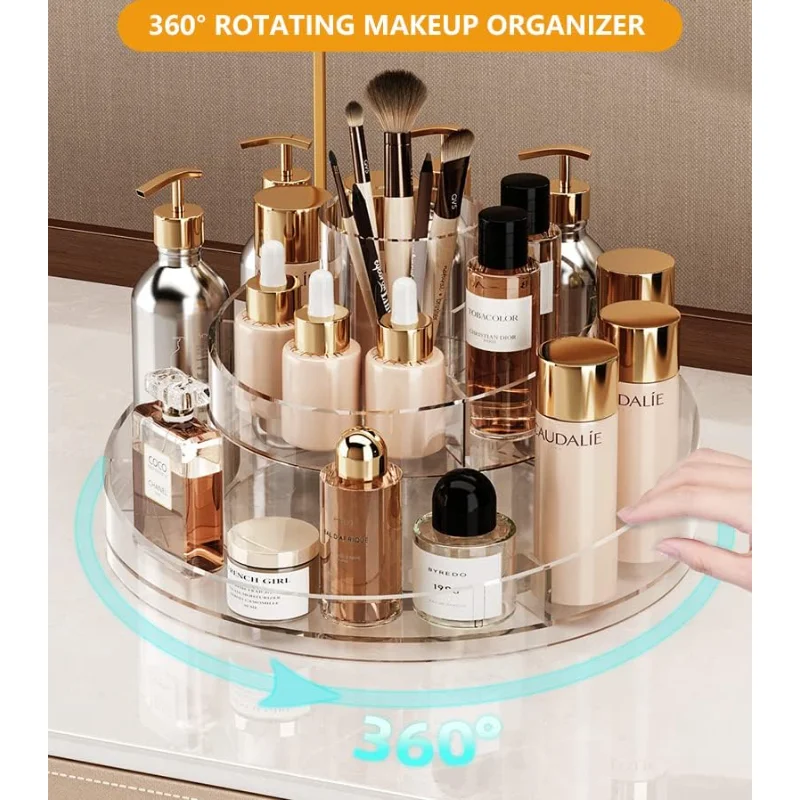 360 Rotating Makeup Organizer, Lazy Susan Turntable Cosmetics Storage Tray, 2 Layers Round Spinning Holder Organizer Case for 3