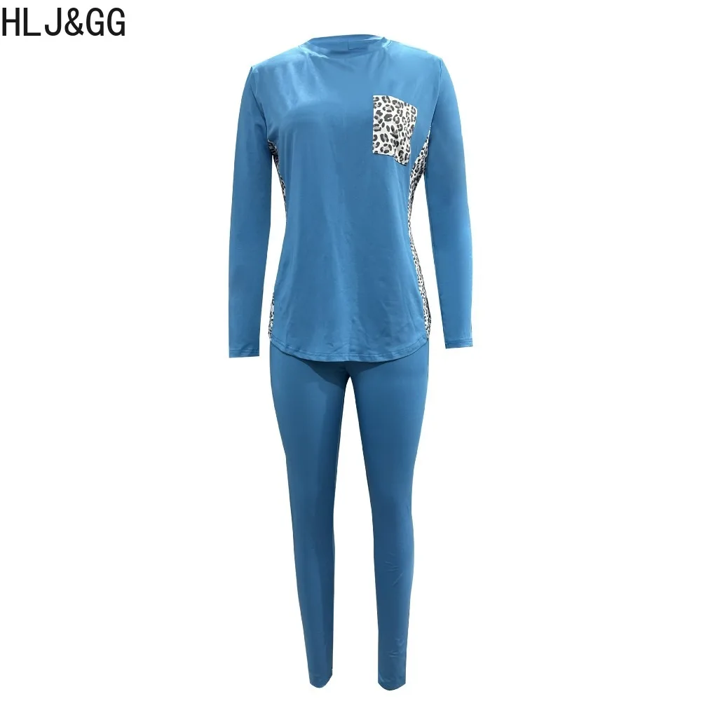 HLJ&GG Casual Leopard Pattern Splicing Two Piece Sets Women O Neck Long Sleeve Top+Skinny Pants Tracksuits Female Sporty Outfits