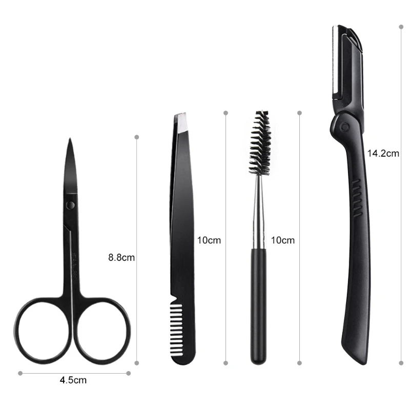 Black Eyebrow Trimming Scissors Stainless Steel Tweezers Eyebrow Scraping Comb Razor Clip Makeup Tools Sets