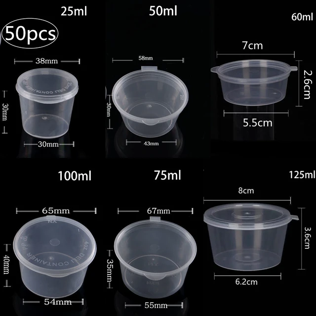 50Pc Disposable Sauce Cup Pot Container With Lid Plastic Storage Box Case  Acces