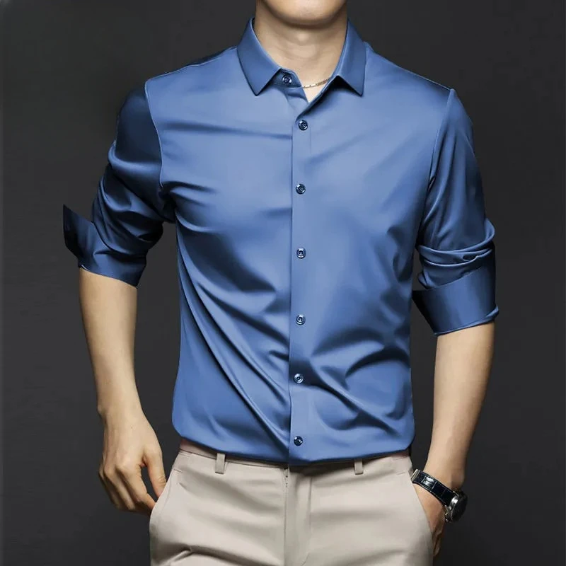 Minglu 용수철 남성용 긴팔 원피스 셔츠, 하이 퀄리티 단색 싱글 브레스티드, 비즈니스 캐주얼 슬림핏 셔츠, 가을