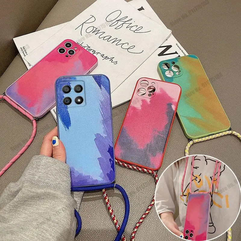 For Honor 60 50 Pro Gradient Watercolor Soft Silicone Case X30i SE X20 Crossbody Lanyard Cover for Nova 9 8 8i |