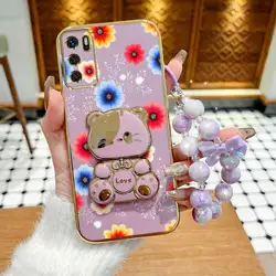 Colorful Flowers Phone Accessory Set: Case, Lanyard & Rabbit Stand - OPPO A57E (PURPLE)