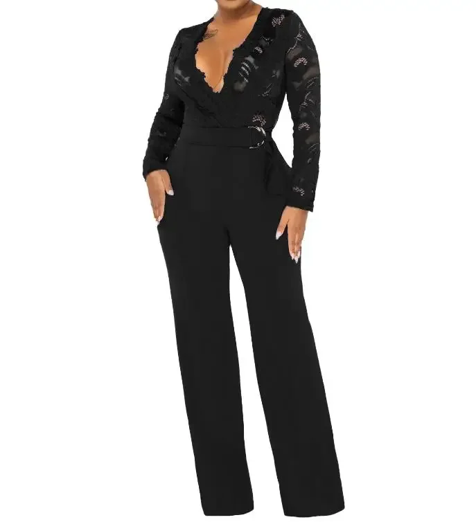 Elegant Jumpsuit Women 2023 Spring Fashion Sexy Lace Perspective V Neck Long Sleeve Casual Daily Long Wide Leg Jumpsuit