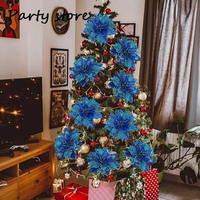 PartyKindom 24pezzi Fiori Natalizi Finti Argento Glitter Decorazione Floreale per Albero di Natale Ornamenti Artificiali