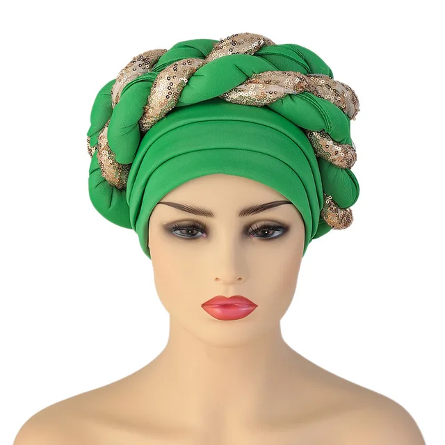 Turbans for Women Pleated Beanie Headwrap African Hat Arab Wrap Muslim Scarf Hijabs Hair Aso Oke Auto Gele Readymade to Wear Cap 030