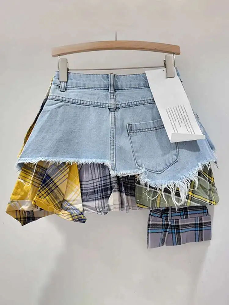 ★22-23AW新作★TheOpen Product★PATCHWORK DENIM MINI SKIRT Patchwork Plaid Mini Denim Skirt Fenlü – taottao
