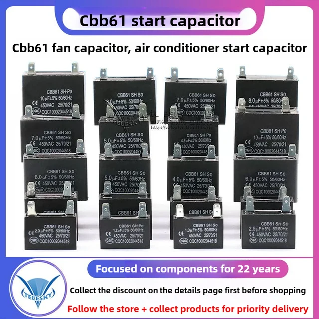 CBB61 condensateur de démarrage de climatiseur de ventilateur 450V 1/1.2/1.5/2/2.5/3/3.5/4/4.5/5/6/7/8/10/12UF condensateur de moteur de capot de ventilateur de plafond 1