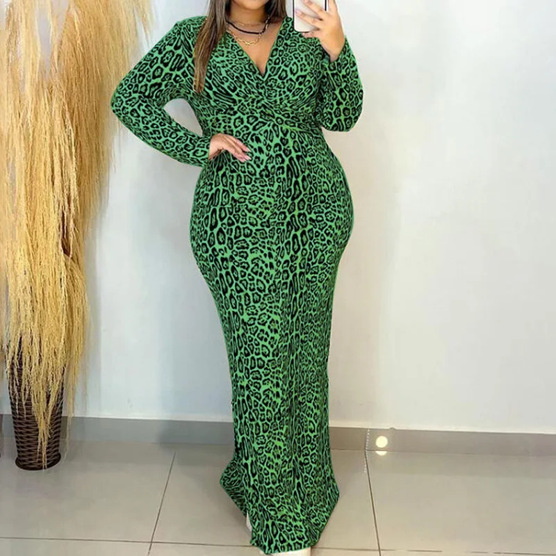 Nightclub Fashion Leopard Printing Long Sleeve Plus Size for Women Autumn Sexy Zipper Slim Waist Bag Hip Fish Tail Maxi Dress