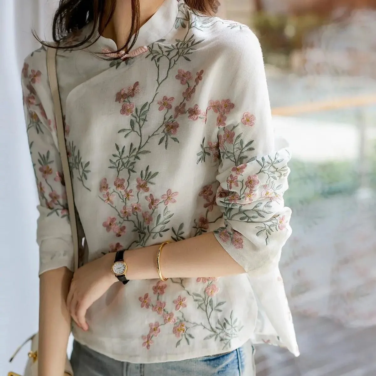 Summer Chinese Improved Cheongsam Top For Women Retro Button Long Sleeve Printed Shirt Female