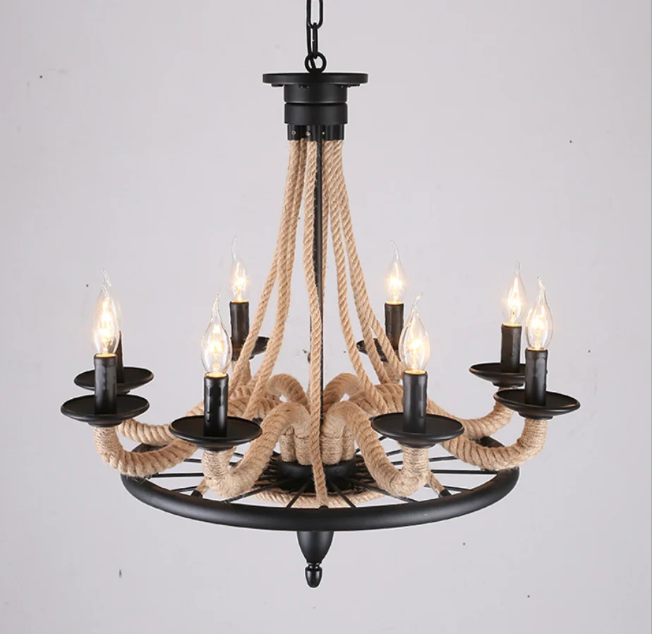 Vintage Hemp Rope Chandelier Lighting Fixture Living Room Hanging Lamps Retro American Industrial Light Home Decoration Room