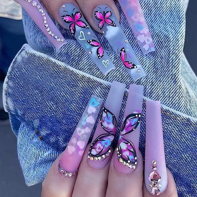Gradiënt Lange 24 Stuks Ballet Valse Na Vlinder Ontwerpen Nep Na Met Strass Wearable Coffin Nail Tip Druk O il_voghion.com