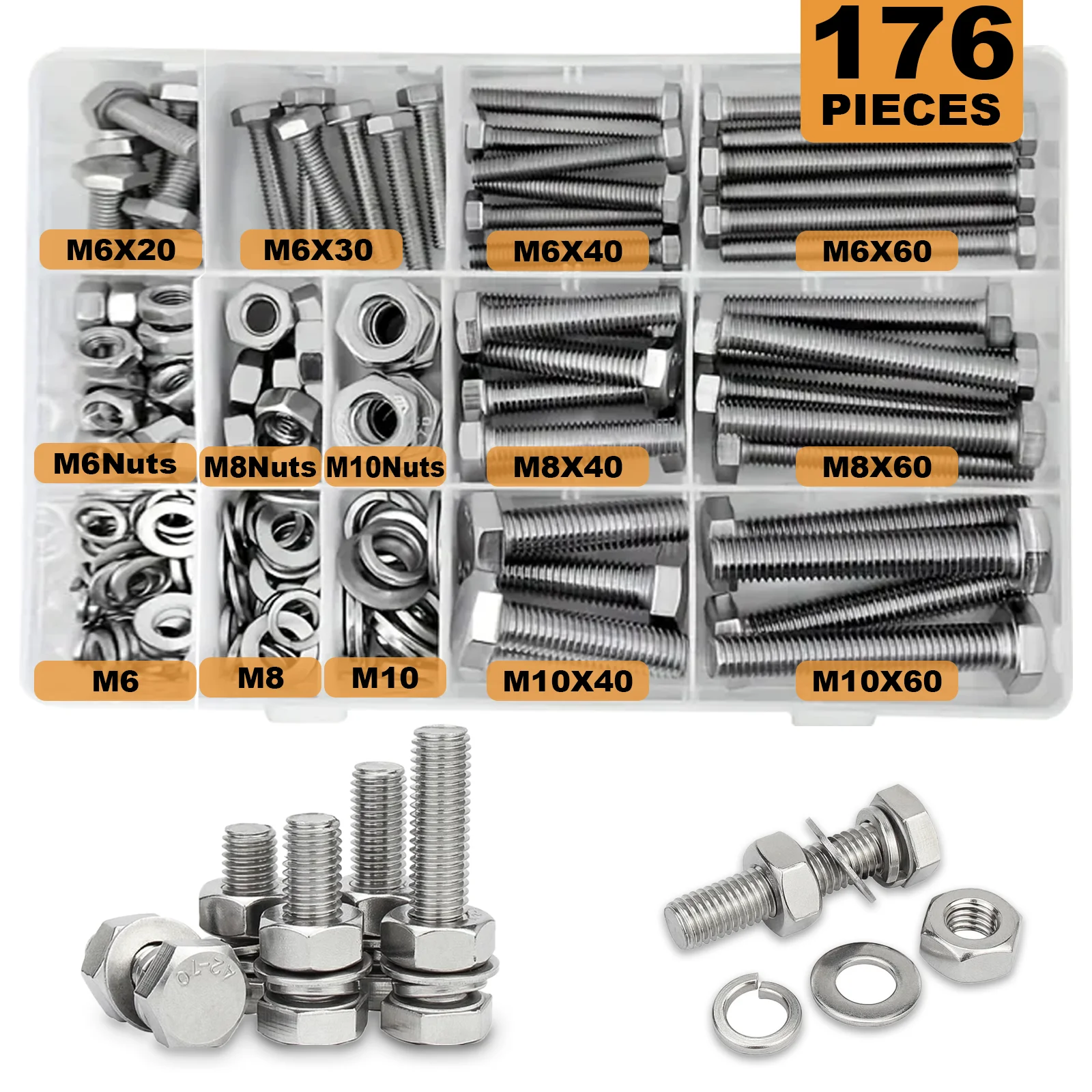 Screw Bolt Nut Set M6 M8 M10 Heavy Duty Bolts Nuts Assortment Kit 304 Stainless Steel 8 Most Common Sizes