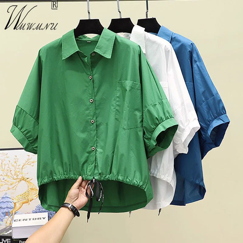 

Summer Batwing Sleeve Casual Shirts Women Fashion Loose Solid Color Oversize Blouses Lace Up Tops Lightweight Cotton Blusas