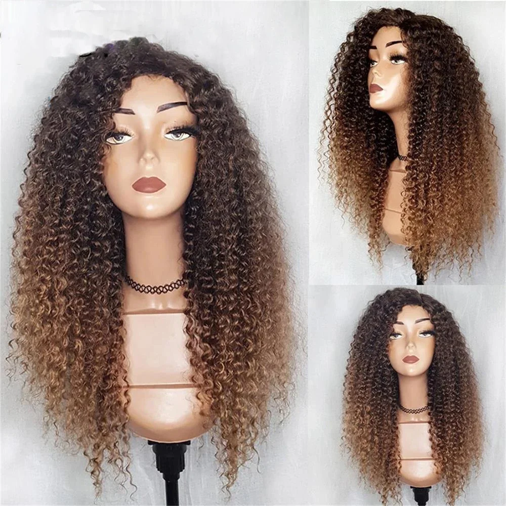 

Natural Soft Glueless 180 Density Ombre Brown Kinky Curly Lace Front Wig For Women BabyHair 26" Long Heat Resistant Preplucked