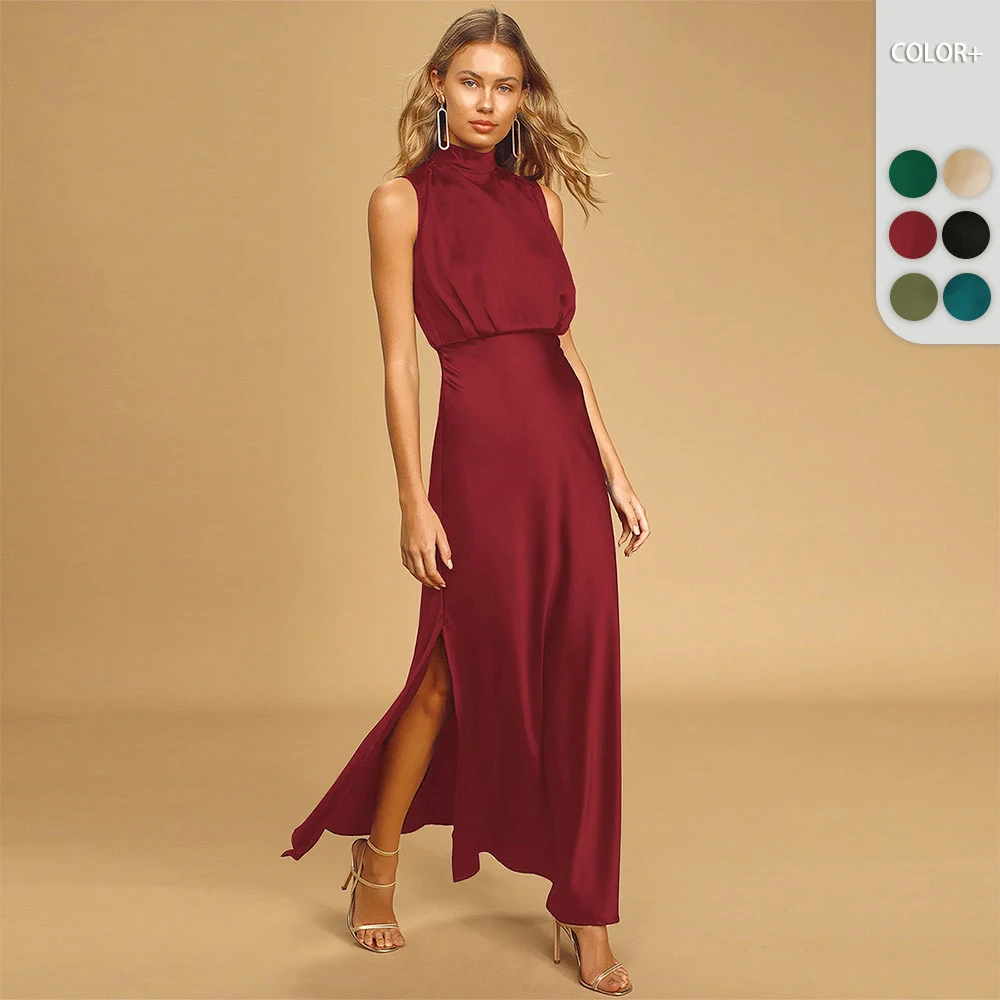 

Sexy Satin Party Dress Women 2023 Spring Summer Sleeveless Elegant A-Line Casual Dress Fashion Evening Split Dress Lady Vestido
