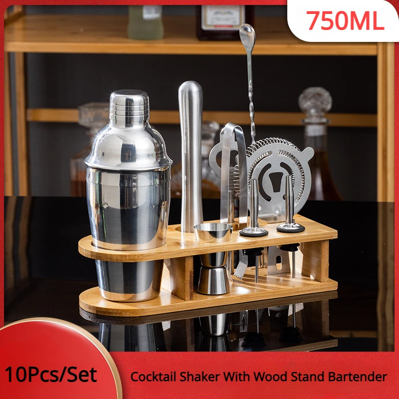 10Pcs/Set 750ml Cocktail Shaker With Wood Stand Bartender Bar Tools Shakers  - AliExpress