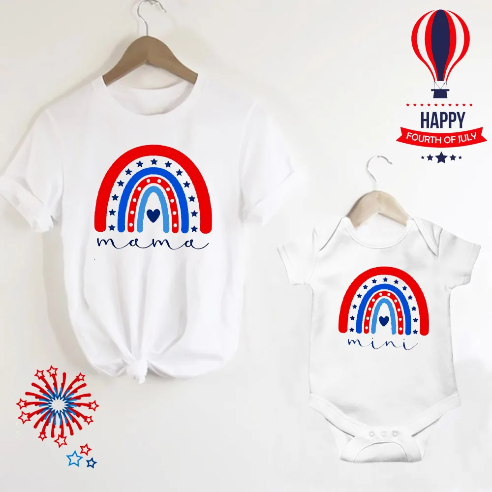 Mama And Mini 4Th Of July Rainbow T-Shirts Patriotic Mommy And Me Matching July 4Th Shirt First 4Th Of July Outfit Baby Bodysuit