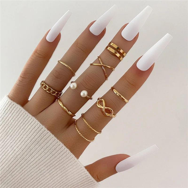 TOBILO 9 pcs/set Rings Sets Punk Vintage Gold Color Pearl Hollow Geometric Cross Open Ring for Women Bohemia Jewelry |