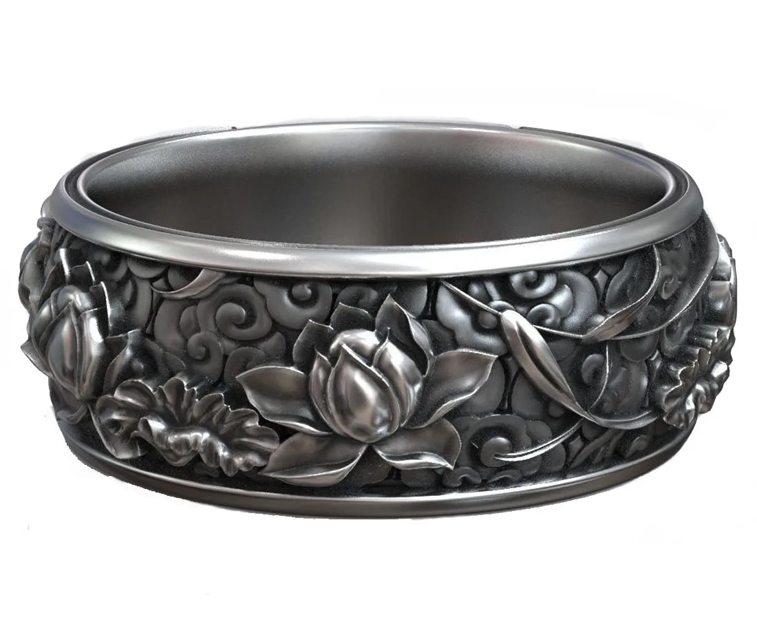 

Japanese Lotus Flower Kanji Ornamental Wedding Band Ring For Women Mom 925 SOLID STERLING SILVER High Trendy