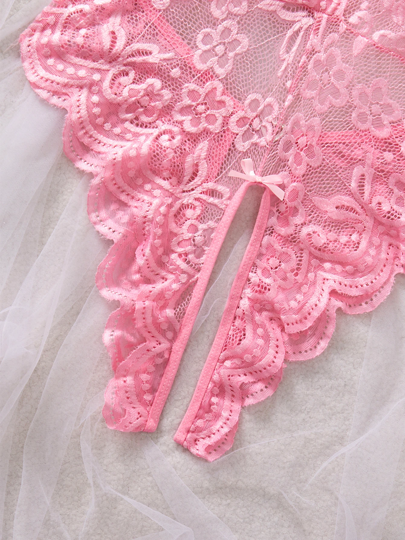 pink lace teddy with scalloped edges