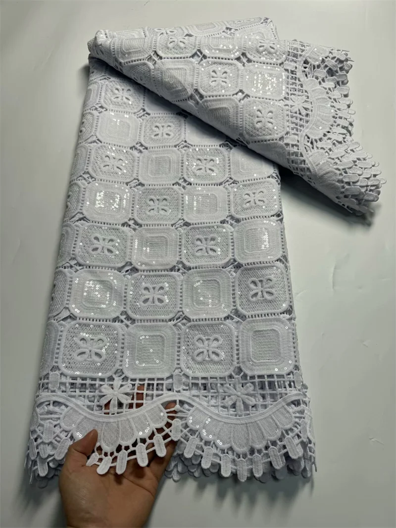 

5 Yards White African Guipure Lace Fabric High Quality Cord Cloth Nigerian Water Soluble Embroidered Mesh Dress Material ZW3
