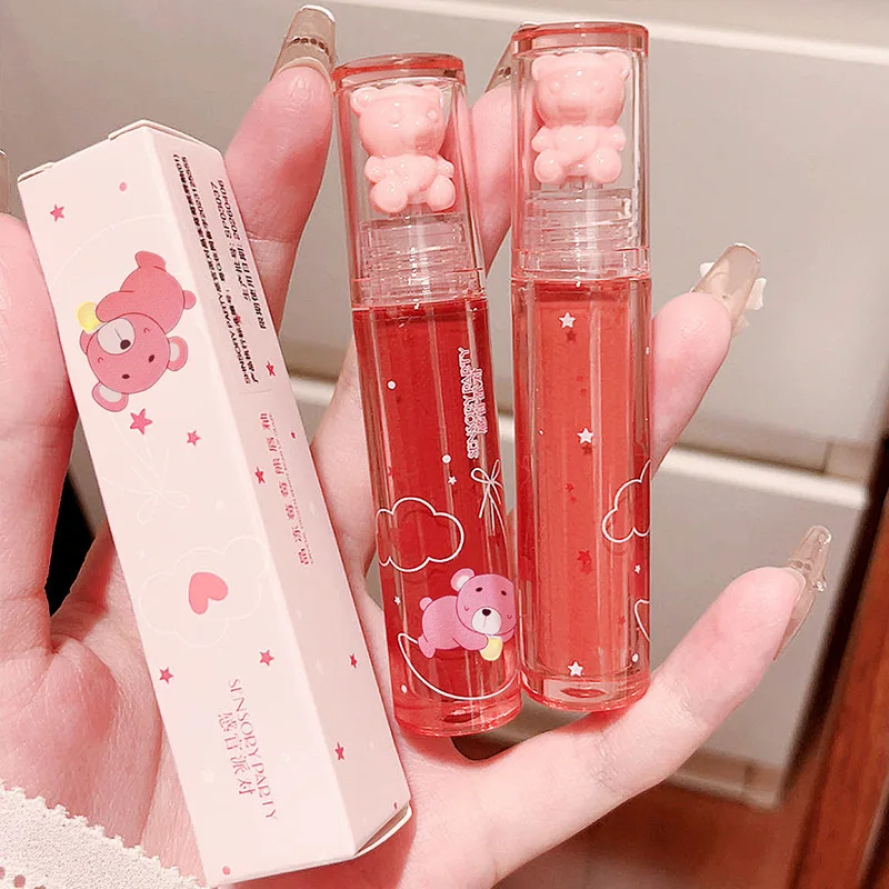 6 Color Lip Glaze Cute Little Bear Mirror Lip Gloss Water Light Nude Red Liquid Lipstick Clear Tint Makeup Transparent Glass