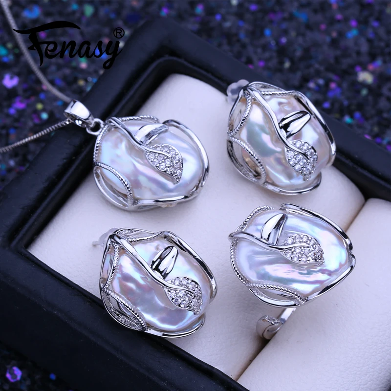 FENASY 925 Sterling Silver Jewelry Sets Big Baroque Natural Pearl Stud Earrings Custom Necklace Luxury Necklaces Ring For Women