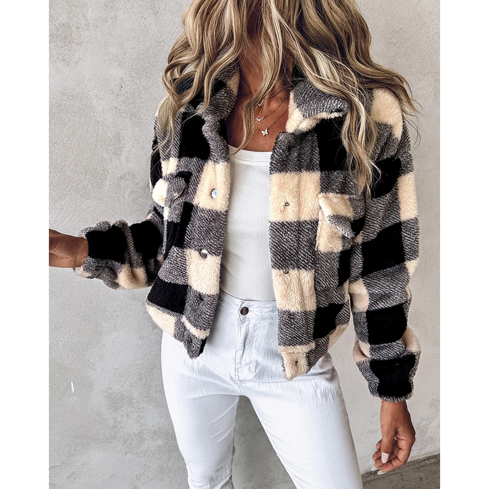 Autumn Winter Casual Women Plaid Print Colorblock Fleece Teddy Long Sleeve Coat Femme Pocket Design Turn-down Collar Jackets