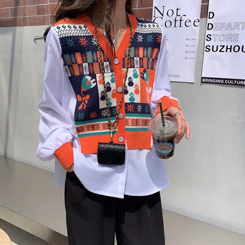

Autumn Winter Knitted Patchwork Long Sleeve Button Blouse Fashion Women's Clothing V-Neck Casual Shirt Female Fake Two Pieces