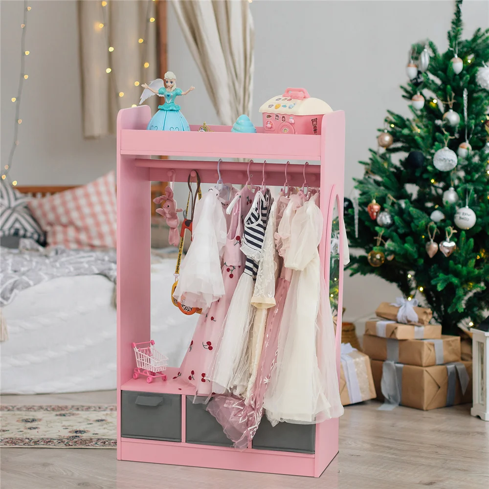 Kids Costume Organizer、 Costume Rack、Kids Armoire、Open Hanging Armoire Closet with Mirror-PINK 3