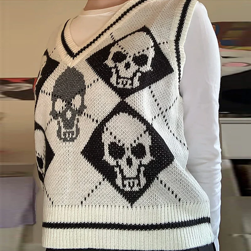 

Skulls Graphic Sweater Vest Y2K Vintage Goth Autumn Winter Women Knitted Cropped Tank Top Preppy Style Gothic Pullovers Jumper