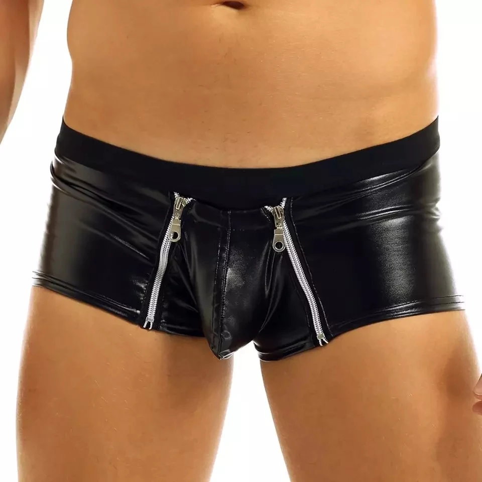 Genital Opening Panties Leather Mens Underwear Boxer Shorts Big Pouch Sexy Lingerie Front Zipper Erotic Panties Male Black 5XL