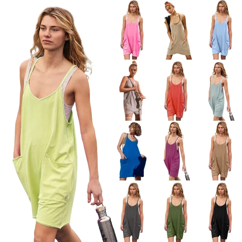 

Cami Short Jumpsuits with Pockets Loose Baggy Jumpsuit For Women Overall Short Spaghetti Strap Jumpsuits Solid Color