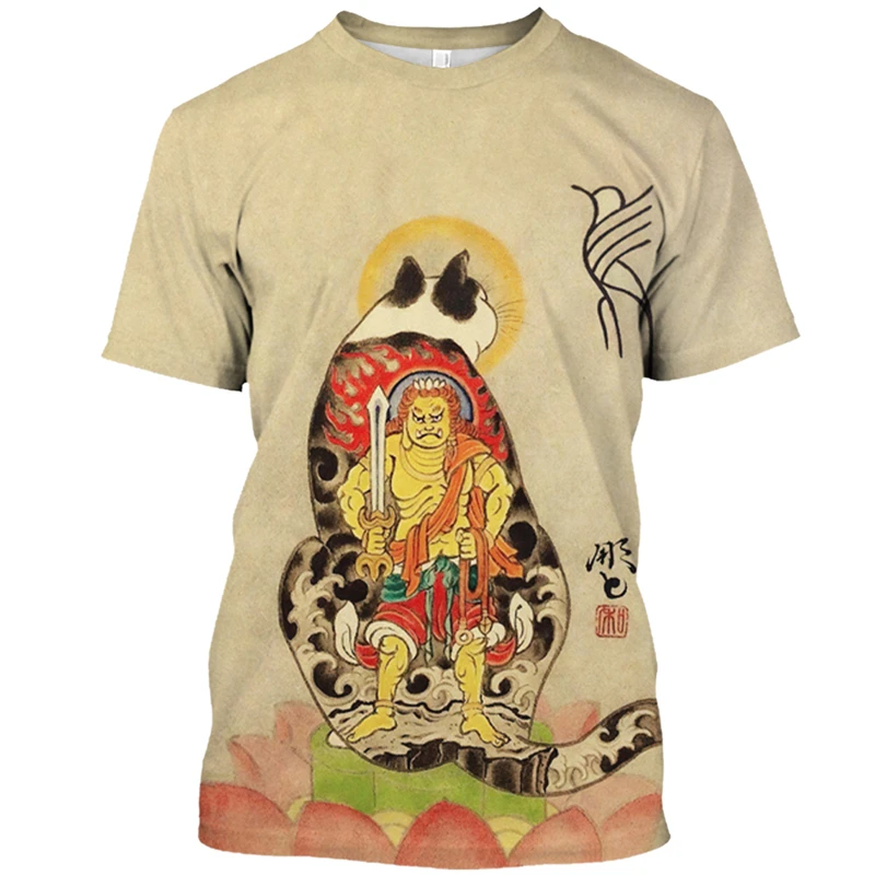 

Japan Samurai Cat Printing Men's And Women's T Shirt Fashion Trend Casual O-neck Tees Oversized Short Sleeve Wholesale Clothes