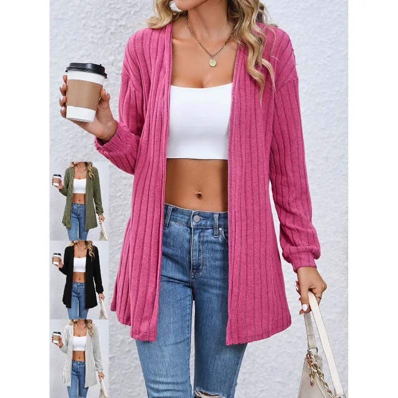 2023 Autumn Women's Cardigan Long Sleeve Solid Stripe Patchwork Shirring Loose Midi Office Lady Fashion Casual Cape Tops