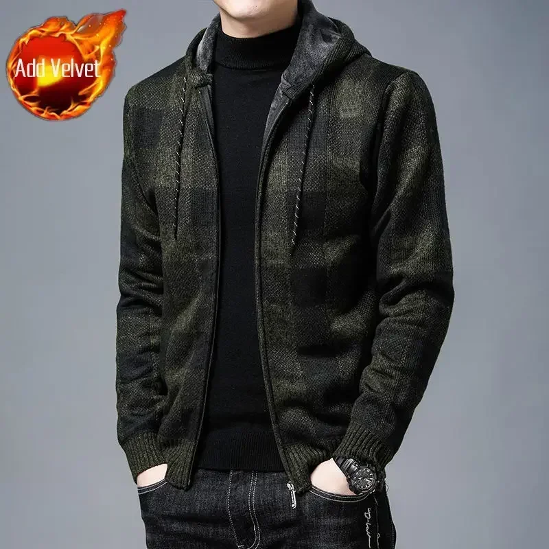 thumbnail image 1 of Suéter de punto con cremallera para hombre, ropa a cuadros, cárdigan, sudaderas con capucha, cremallera, grueso, invierno, rojo, tops, jerséis, casuales, elegantes, baratos y calientes, 1 of 5